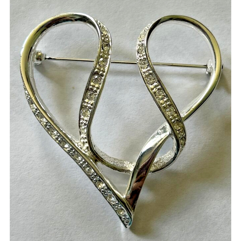 Vintage Silver Tone Loop Design Heart Brooch with Rhinestones SKU PB76